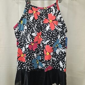 Swim Solutions Black Swim Tankini Top with Pink & Blue Floral Accents